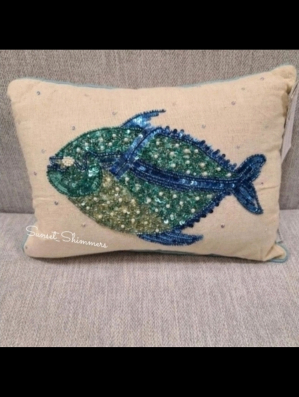 14" Coastal Collection Blue Fish Beaded Sequined Throw Pillow Gorgeous!